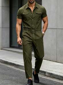 Manfinity Homme 男士春夏季連身褲，軍綠色長褲工裝成熟休閒風 - 軍綠色 - 查看 6