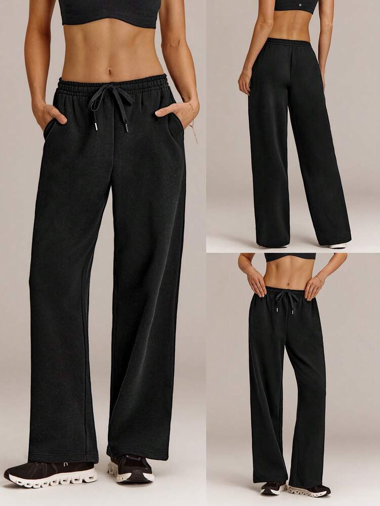 Everyday Terry Two-Way Wear Adjustable Drawstring Waist Leg Cord Wide Leg Jogger Sweatpants With Side Pockets Daily Casual Wear  Spring Summer