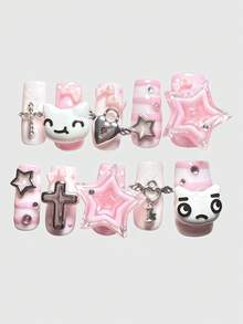 ROMWE Anime 10Pcs Black And Gray Y2K Cat Expression Retro Striped Mine Series Mass Production Pure Hand-Worn False Nails, Suitable For Colleges, Music Festivals, Dating - Baby Pink - View 2