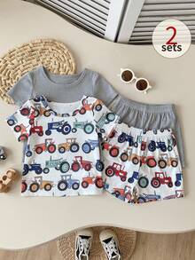 SHEIN Playful Pals Baby Boy Baby Girl Unisex Infant Toddler 0-3 Years 4pcs/4pcs Set Casual Cute Dinosaur Print Crew Neck T-Shirt Short Sleeve Summer Outfit, Comfortable And Easy To Wear, Suitable For 6 Months To 3 Years Old Baby Boys, Spring And Summer, Daily And Outdoor Wear - Grey - View 7