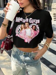 Mean Girls | SHEIN Women's Round Neck Letter & Character Print Casual Versatile Daily Travel T-Shirt - Black - View 3