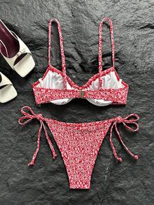 Swim Mod 女款春夏度假碎花印花支撐胸部抽繩褲側抽繩比基尼套裝 - 彩色 - 查看 2