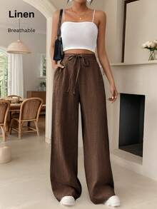SHEIN Frenchy 女款素色抽繩腰休閒百搭日常外出長褲 - 咖啡棕 - 查看 7