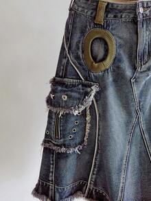 ROMWE Avant Women's Retro Vintage Y2K Aesthetic A-Line Denim Skirt With Cargo Pockets - Blue - View 4