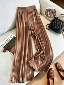 Elenzga Pantalon large plissé pour femmes, taille élastique, bouton strass, affinant, pantalon d'été élégant et décontracté - Tabac - Voir 3