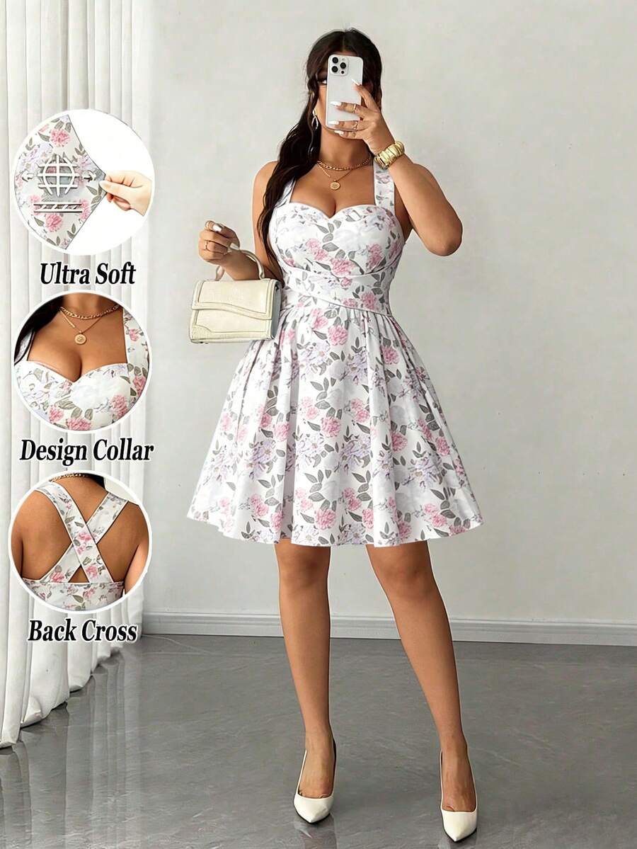 Elenzga Women's Plus Size Elegant Floral Print High Elastic Fabric Spaghetti Strap Wrap Tie Design Back Cinched Waist Bow Cinched Waist Pleated Waist Ultra Flare Versatile Design Party Gathering Music Festival Casual Versatile Design Fashion Item Vacation Night Date Valentine's Day Spaghetti Strap Short Dress - Multicolor - View 1
