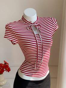 Comfortcana Camiseta de manga corta a rayas casual de verano para mujer - Rojo y blanco - Ver 6
