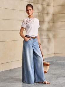Selenza Women's Pocket Button Casual Versatile Daily Wear Wide Leg Denim Jeans Daily Light Blue Summer/Heavy-Duty Floral Embroidered Jeans - Blue - View 5