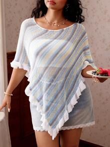 CovetEZ Blue & Yellow Striped Mesh Knit Plus Size Beach Cover-Up, New Spring/Summer - Multicolor - View 4