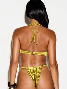 KIZN Velvet Spaghetti Strap Bikini Top With Braided Rope Straps Underwire Support Spaghetti Strap Style Summer Beach Vacation Party Swimwear Olive Green Sexy Tropical - Yellow - View 3
