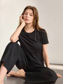 Ocili Cotton Comfortable T-Shirt & Soft Linen Pants Pajama Set For Women - Black - View 7