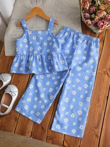 SHEIN Genkimix Kids 少女夏季休閒兩件套，可愛雛菊印花荷葉邊吊帶上衣 & 寬腿長褲，適合姐妹聚會、度假、旅行及日常穿著，甜美波希米亞田園風套裝 - 藍色 - 查看 3