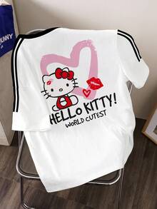 HELLO KITTY AND FRIENDS | SHEIN 女款卡通圖案印花對比色圓領可愛短袖T恤 - 白色 - 查看 2