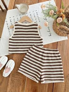 SHEIN LMoss Kids 少女條紋拼接撞色綁帶上衣與短褲休閒日常套裝 - 彩色 - 查看 4