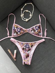 Costavie 夏季海灘女款兩件式套裝 刺繡亮片迷你罩杯雙肩帶上衣比基尼 雙繩泳褲 性感海灘度假泳裝套裝 - 粉色 - 查看 4