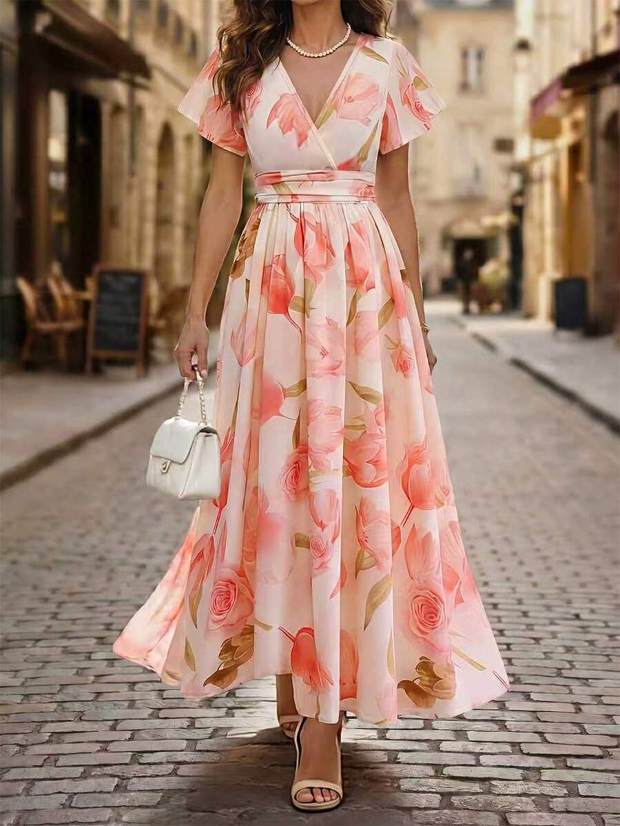 GlowEve CURVE 大尺碼女款 2026 春夏新品優雅花卉印花長洋裝，夏季女裝太陽裙優雅洋裝晚禮服婚禮女裝復活節女裝浪漫洋裝婚禮賓客裙 - 粉色 - 查看 1