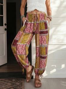 Wildy BOHO Vintage Casual Western Country Print Pattern Women's Autumn Daily Basic Outfit Outing Vacation Holiday Commute Pocket Lantern Pants Pink Floral - Multicolor - View 7
