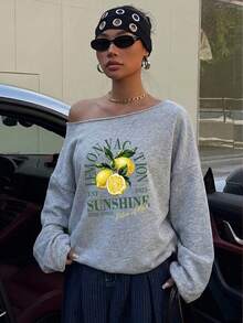 SHEIN EZwear 33%棉淺灰色女款露肩寬鬆休閒長袖運動衫，女款運動衫，女款秋冬穿搭 - 灰色 - 查看 8