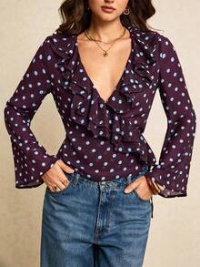 Poéselle Women's Polka Dot Print Elegant Ruffle Trim Fashion Blouse - Multicolor - View 7