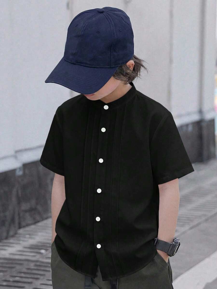 SHEIN Tween Boy Pleated Single-Breasted Short Sleeve Shirt For Casual Outings - Black - View 1
