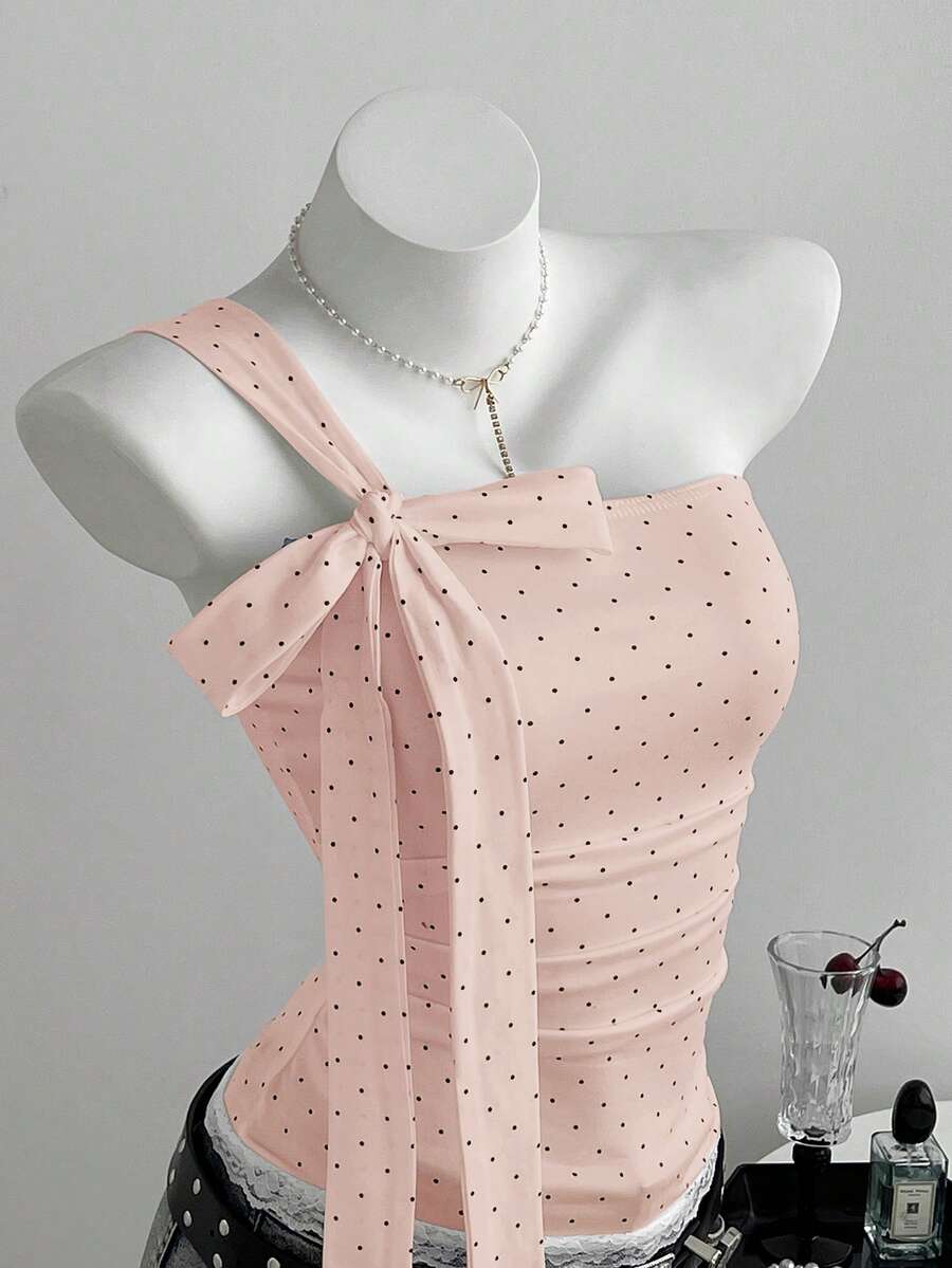 Elamini 女款極簡性感甜美風波點撞色蕾絲飾邊露肩蝴蝶結肩帶上衣 - 淺粉色 - 查看 1