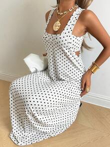 SHEIN EZwear Vestido sin mangas de punto con lunares blancos y negros para mujer, vacaciones, club, playa, verano, sexy, boho - Blanco - Ver 6