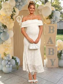 Loomaby Maternity Off-Shoulder Pleated Jacquard Elegant Dress,Gender Reveal Dress,Maternity Dress,Baby Shower Dress - Apricot - View 5