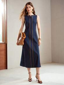 MOTF PREMIUM VESTIDO DE MEZCLILLA SIN MANGAS CON RIBETE DE CONTRASTE PARA MUJER - Azul - Ver 2