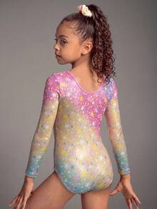 Young Girls' 3 PiecesClothing Set, Gymnastics Leotard, Shorts, Hair Accessory, Suitable For Team Competition, Daily Training, Gradient Star Pattern Print - Multicolor - View 2