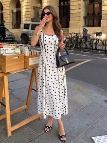 Siren Gaze Summer New Polka Dot Square Neck Color Block Waist-Cinched Long Dress For Women - Apricot - View 2