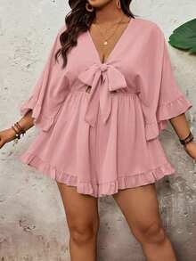 SHEIN VCAY Mono de talla grande para vacaciones de unicolor, manga de murciélago, bajo con volantes, cintura con lazo - Rosa - Ver 3