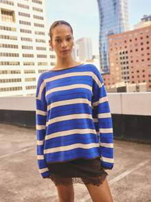 Aralina Women's Stretch Stripe Knitted Lightweight Boxy Long Length Longsleeve Sleeve Pullover Sweater Top - Multicolor - View 8