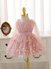 SHEIN Glamorique Kids 香檳色刺繡網紗女嬰公主禮服裙，附3D花朵與披肩，婚禮花童晚宴派對生日正式洋裝 - 藕粉色 - 查看 5