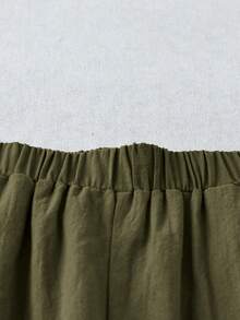 Linhara CURVE Pantalones rectos de unicolor para mujer de talla grande, con botones laterales y bolsillos, pantalones de verano de algodón y lino - Verde militar - Ver 4