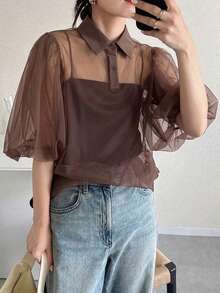FRIFUL Women's Solid Brown Round Neck Puff Sleeve Sheer Mesh Loose Casual Versatile Layering Top Summer - Brown - View 3