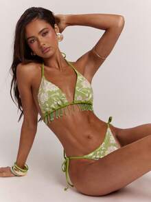 SHEIN BAE Women's Summer Beach Vacation Sequin Floral Patchwork Side Tie Bikini Bottom Green Tropical Boho - Green - View 1