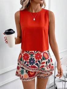 SHEIN Clasi 女款素色圓領背心上衣與花卉印花裙褲休閒兩件套 - 彩色 - 查看 3