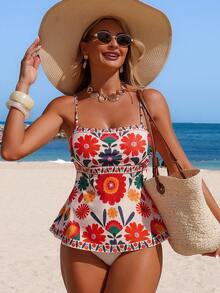 Swim Lushoire Women's 2pcs Set Floral Placement Print Bohemian Fashion Summer Beach Vacation Tankini - Multicolor - View 1