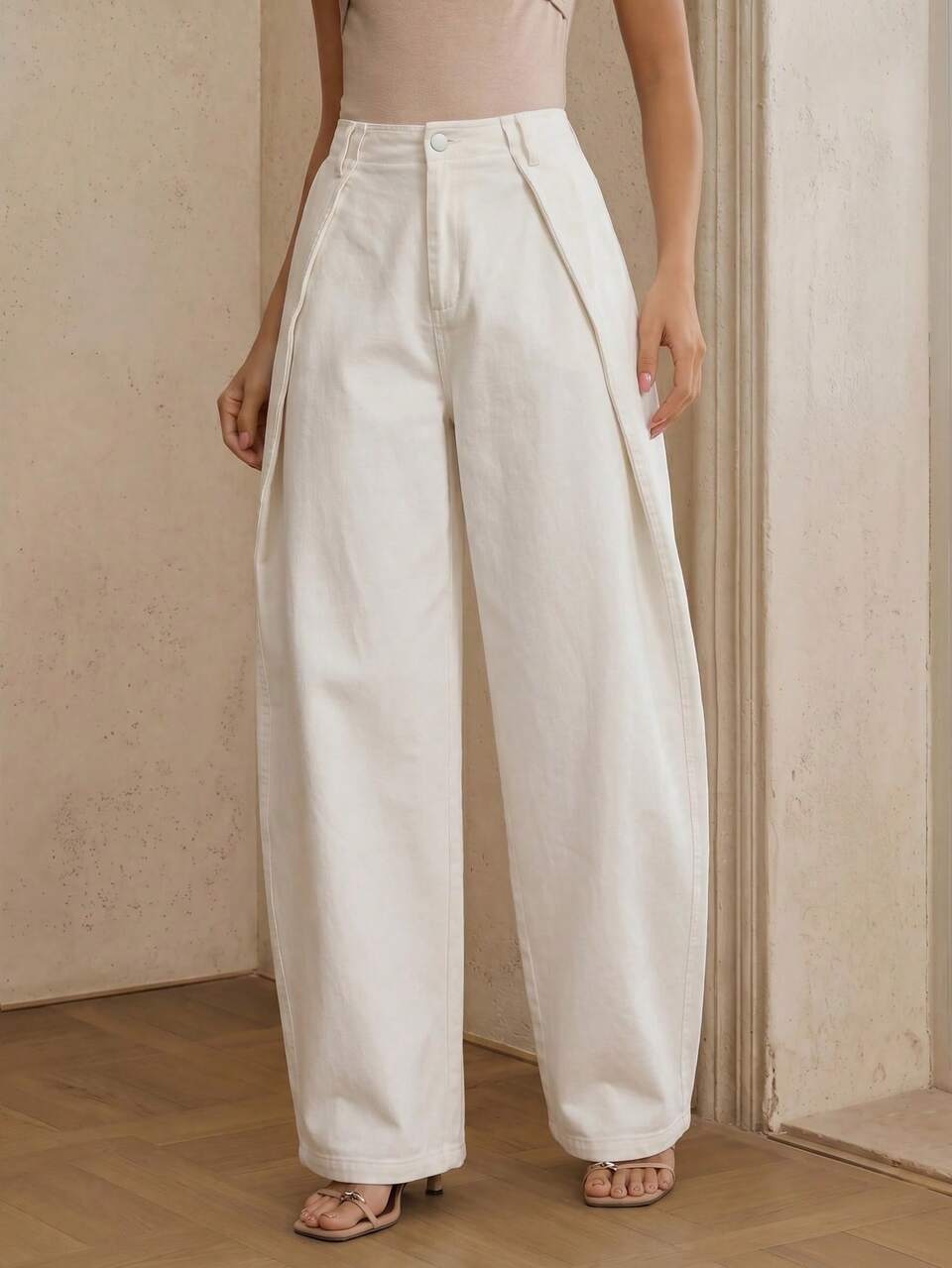 Anewsta Spring New Khaki Washed Wide Leg Pants, Fashionable Minimalist Commuter Loose Slimming Curved Leg Jeans For Women