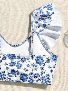 SHEIN 青少年女孩度假花卉印花荷葉邊泳衣套裝 - 藏蓝色 - 查看 4