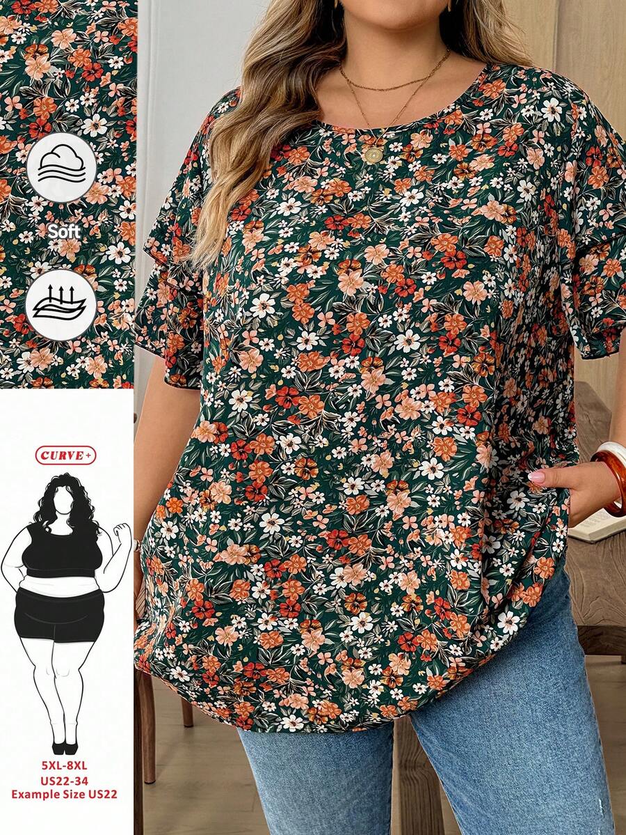 SHEIN CURVE+ 大尺碼女款花卉印花雙層袖優雅襯衫 夏季女上衣 可愛趣味襯衫 - 綠色 - 查看 1