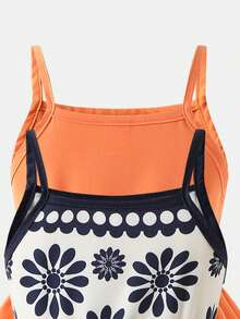 Young Girls 2-Piece Set Summer New Camisole Dress Set Solid Vibrant Orange + Vintage Floral Print Style, Waist-Defining Ruffle Hem A-Line Dress, Versatile For Multiple Occasions, Flattering For All Body Types, Daily Outings / Beach Vacation / Photo-Ready Summer Outfit - Multicolor - View 3