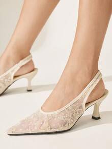 CUCCOO HITCHD صنادل كعب عالي بتصميم Slingback بمقدمة مدببة مطرزة بالزهور باللون الأبيض العاجي، كعب قطة فرنسي، كعب عالي منخفض الحافة قابل للتنفس مناسب للتنقل والمواعدة - لون مشمشي - مشاهدة 6