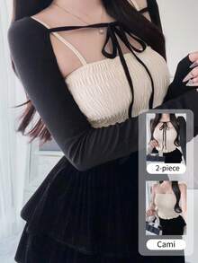FRIFUL 女款夏季純色前綁帶細肩帶上衣與百褶荷葉邊裝飾背心兩件套 - 黑色 - 查看 9