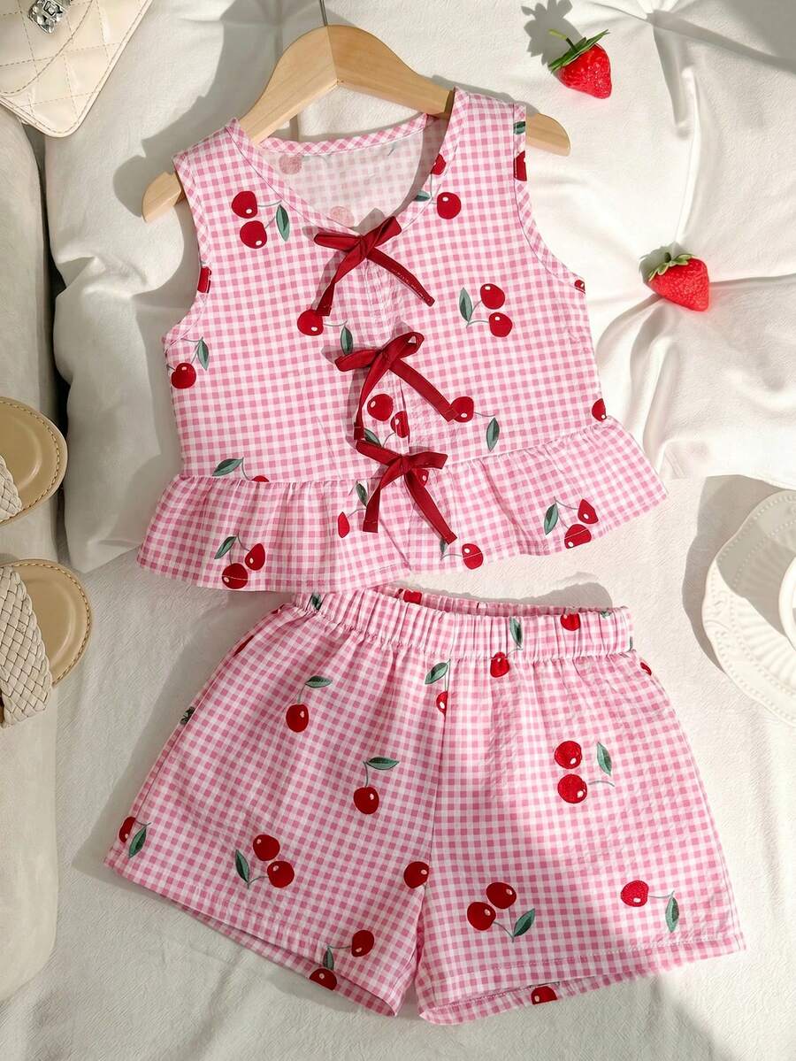 SHEIN Young Girl Casual Simple Comfortable Round Neck Sleeveless Cherry Plaid Pattern Tie Bow Ruffle Hem Tank Top And Shorts Set - Pink - View 1
