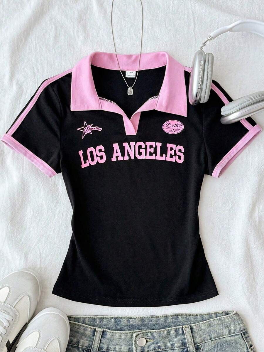 SHEIN Tween Girls Retro Color Block Polo Collar Fitted T-Shirt - Black - View 1