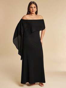 SHEIN BAE Plus Size Women's Black Off-Shoulder Ribbon Long Dress Evening Formal Summer Elegant - Black - View 4
