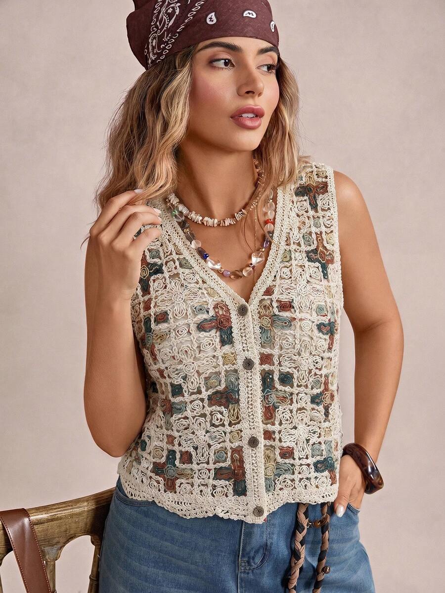 Freevana Top de punto bordado a máquina multicolor talla grande - Multicolor - Ver 1