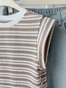 SHEIN Tween Girls Tween Girl Casual Vacation Textured Striped Crew Neck Short Sleeve T-Shirt - Apricot - View 6