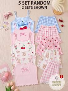 SHEIN 4 piezas Conjunto de pijamas para niñas preadolescentes - Decoración con moño y estampado de oso de dibujos animados en camiseta y pantalones cortos - Multicolor - Ver 2